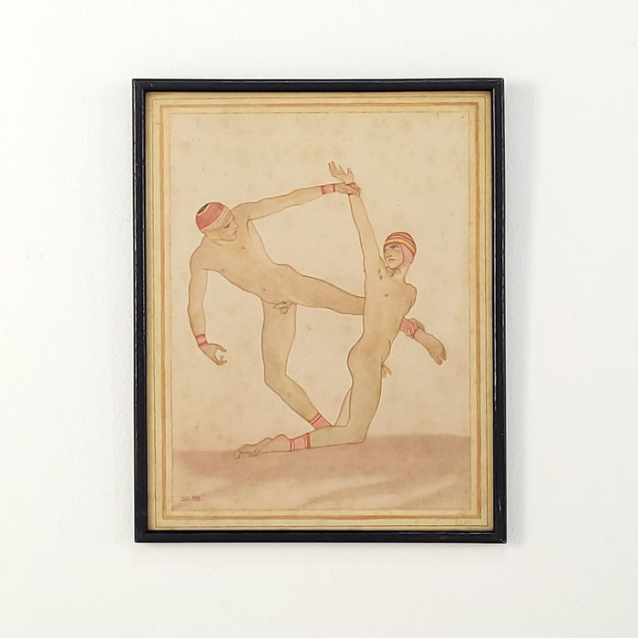 Edwardian Neoclassical Hand-Colored Engraving of Wrestlers, England circa 1900