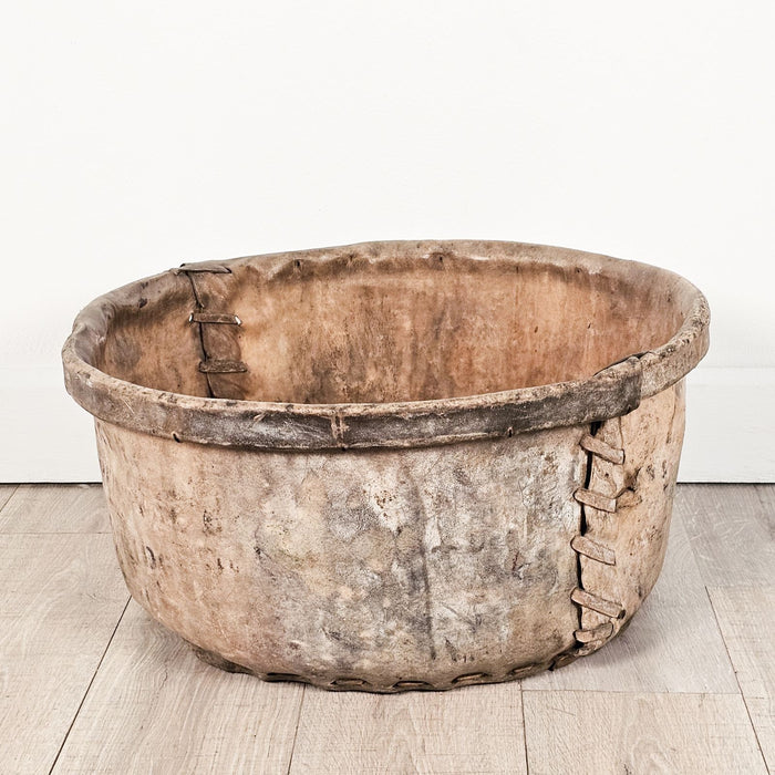 Indian Animal Hide and Wood Large Bucket, circa 1900