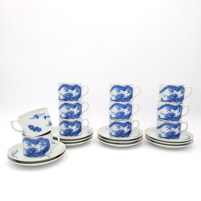 Set of Eleven Mottahedeh Blue Dragon Coffee Cups and Saucers