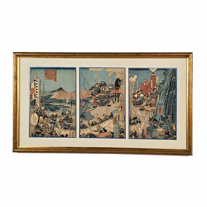 Woodblock Triptych, "Tenmokuzan Battle" by Yoshitora, Japan, 1888