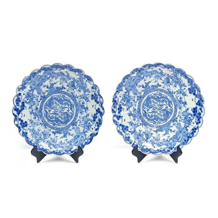 Pair of Chinese Scalloped Blue and White Large Plates or Chargers, circa 1900