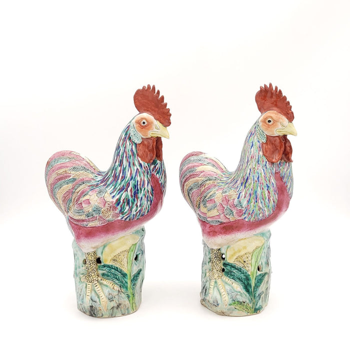 Pair of Chinese Export Famille Rose Roosters, circa 1900