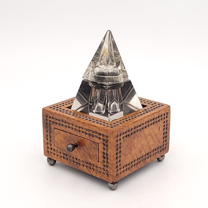 Crystal Pyramid Inkwell in Wooden Stand, circa 1870