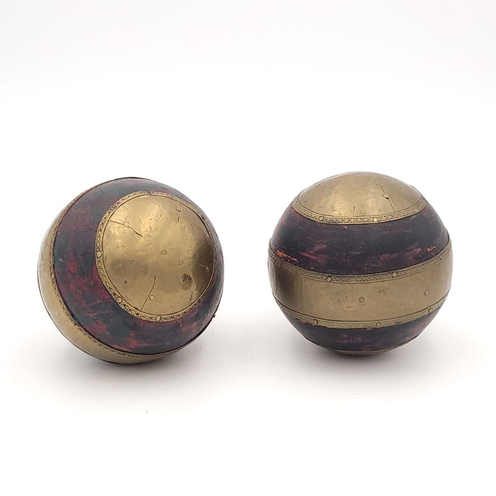 Pair of Vintage Brass-Mounted Wooden Balls, India