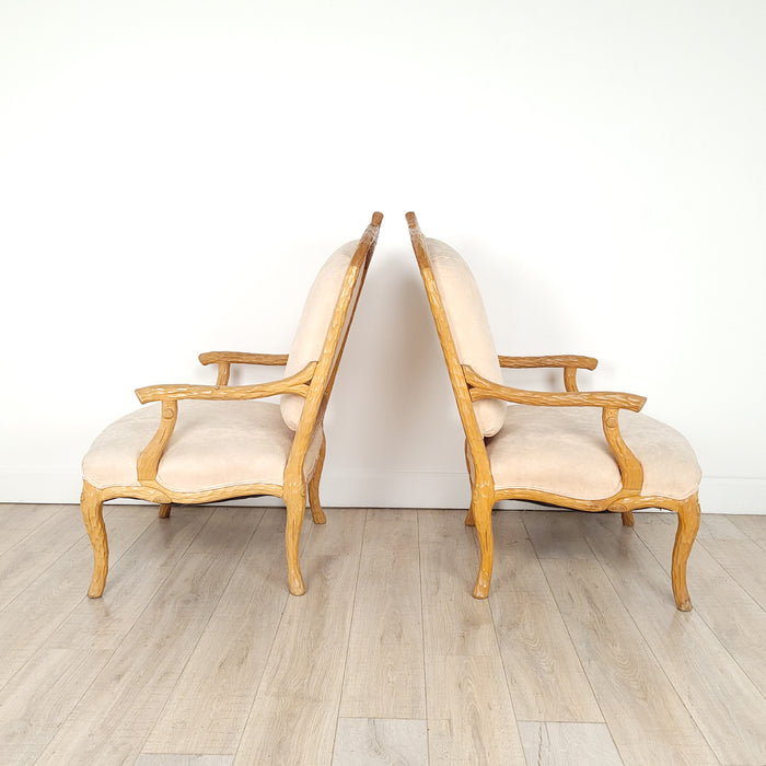 Pair of Oversized Twig Style Rustic Upholstered Armchairs, circa 1970