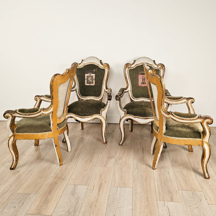 Set of Four Swedish Baroque Painted and Gilt Chairs with Armorial Upholstery, circa 1760