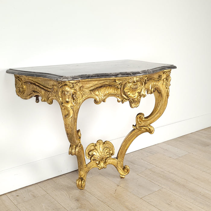 Swedish Baroque Giltwood Console with Grey Marble Top, circa 1780