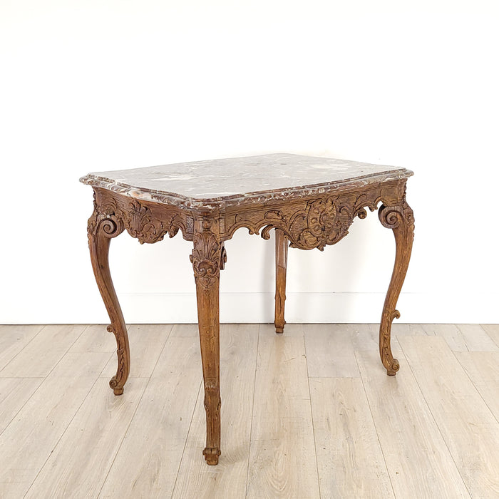 French Oak Régence Period Center Table with Marble Top, early 18th century