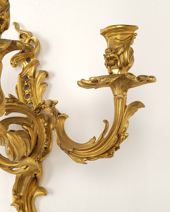 Pair of French Louis XV Gilt Bronze (Ormolu) Sconces, circa 1740